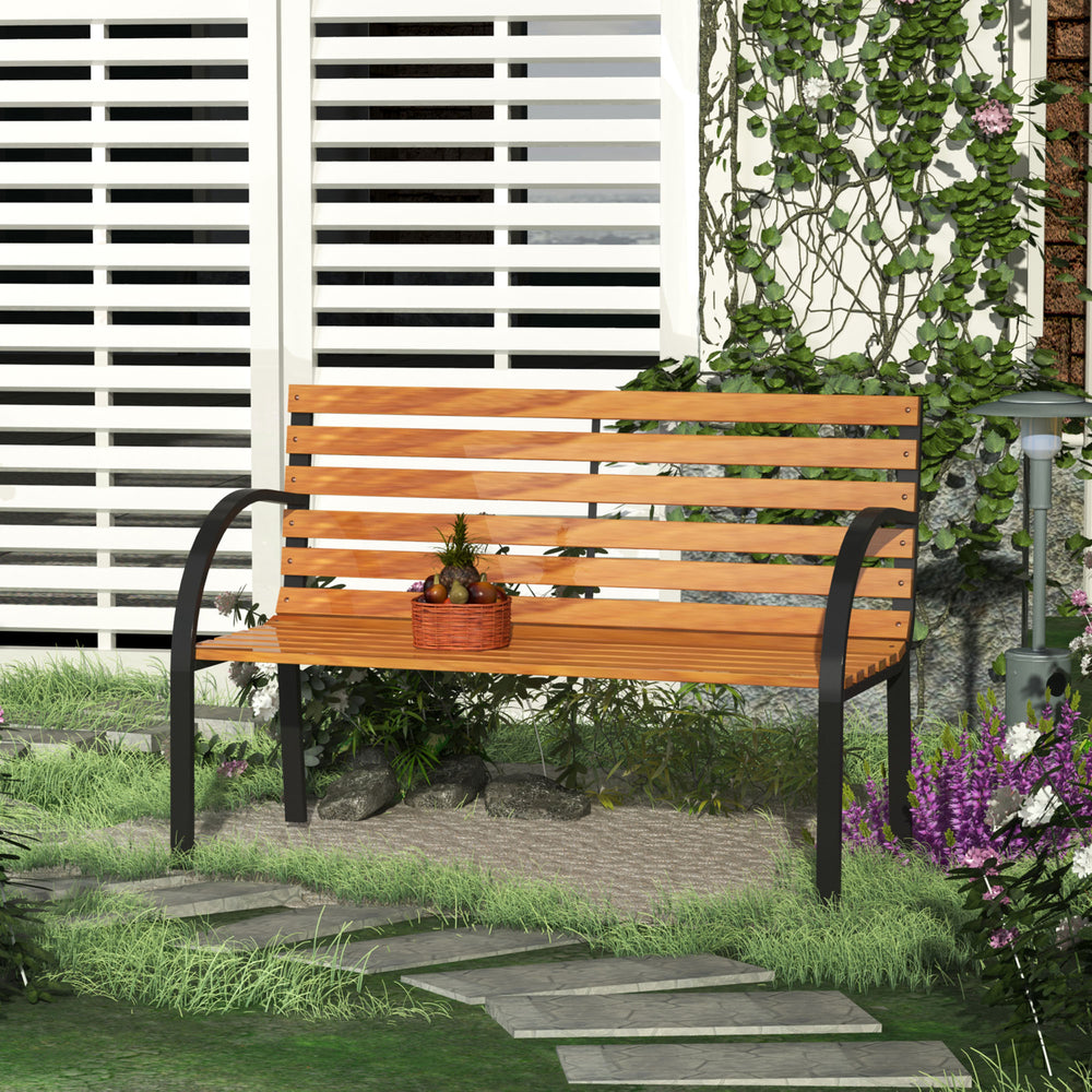 Outsunny Wooden Garden Bench Park Chair 2 Seater Love Seat Chair Outdoor Patio Porch Furniture w/ Sturdy Steel Frame