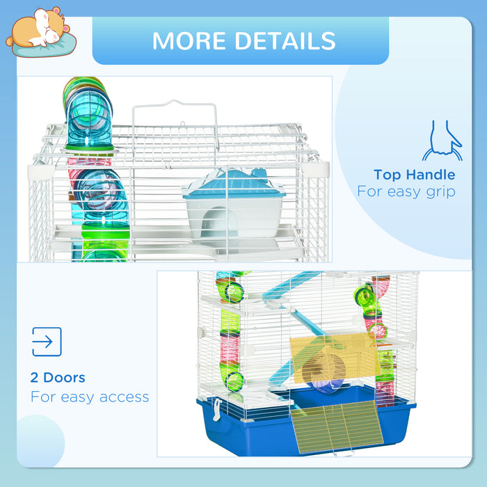 Hamster Cage with Tunnel Tube System, 5 Level Gerbil Haven with Water Bottle, Exercise Wheel, Food Dish, Ramps 59 cm x 36 cm x 69 cm - Blue