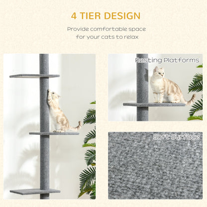 260cm Floor To Ceiling Cat Tree for Indoor Cats w/ Three Platforms Activity Centre - Grey