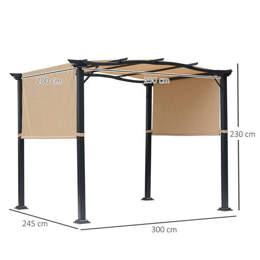 Outdoor Retractable Pergola Garden Gazebo with Two Adjustable Side Canopy Overhead Sun Shade Backyard Canopy Cover, Steel Khaki 3x2.45x2.3m