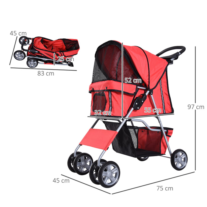 Pet Stroller Dog Pram Foldable Dog Pushchair Cat Travel Carriage w/ Wheels, Zipper Entry, for Small Pets, Red