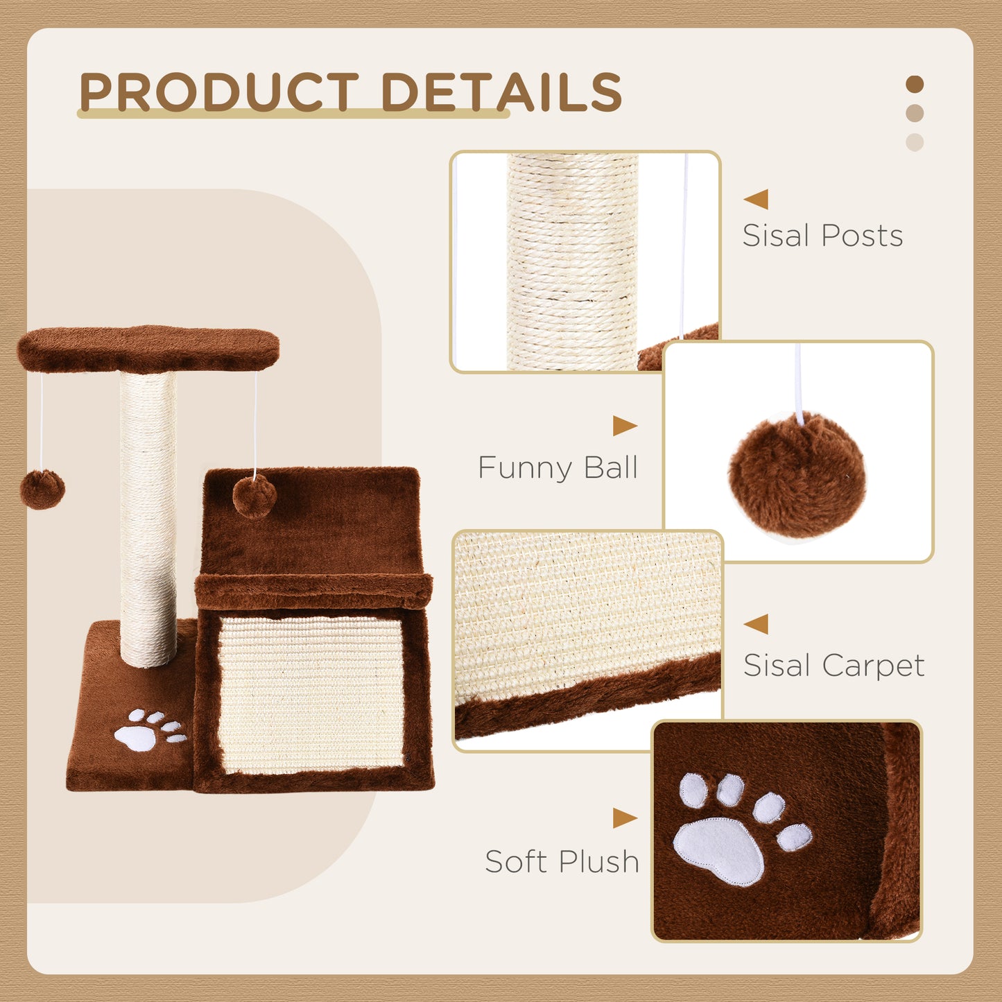 Cat Tree for Indoor Cats Scratching Post Kitten Scratcher Kitty Activity Play Center Sisal Rotatable Top Bar Tunnel Dangling Ball Brown