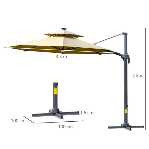 3m Cantilever Parasol w/ Solar Lights Power Bank Cross Base Adjustable Canopy 360° Spin Outdoor Garden Umbrella 2-Tier Roof Sun Shade Khaki