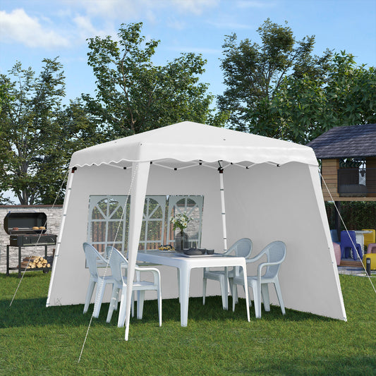 Outsunny Pop Up Gazebo with 2 Sides, Slant Legs and Carry Bag, Height Adjustable UV50+ Party Tent Event Shelter for Garden, Patio, 2.4 x 2.4m Top / 2.9 x 2.9m Base, White