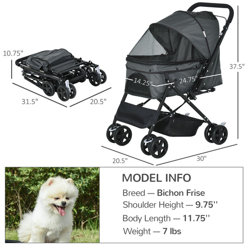 Pet Stroller Dog Cat Travel Pushchair Foldable Jogger with Reversible Handle EVA Wheel Brake Basket Adjustable Canopy Safety Leash for Small Dogs, Grey