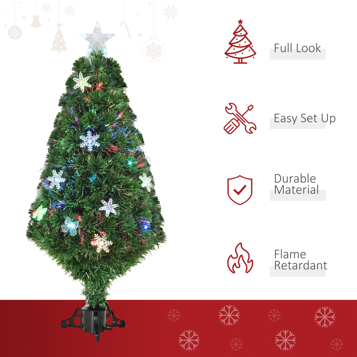 4ft Pre-Lit Fibre Optic Christmas Tree with Multicolour LEDs, Bows & Star