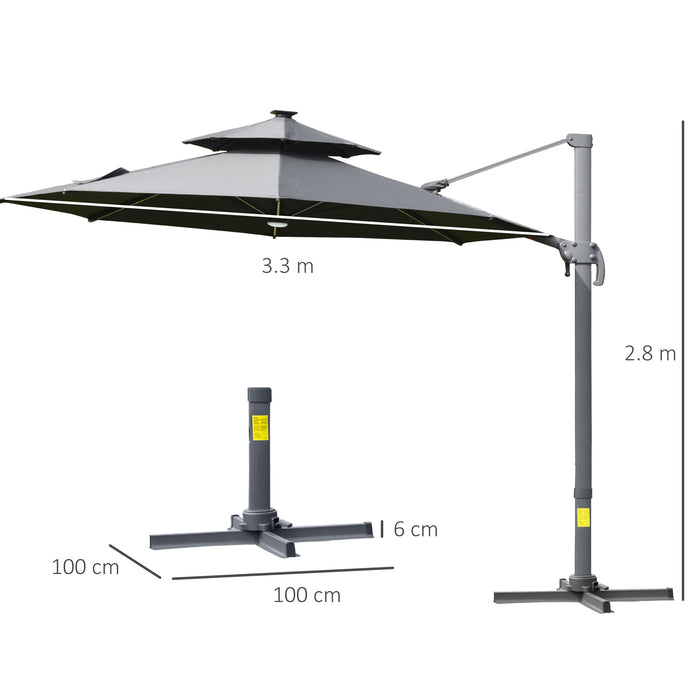 3m Cantilever Parasol w/ Solar Lights Power Bank Cross Base Adjustable Canopy 360° Spin Outdoor Garden Umbrella 2-Tier Roof Sun Shade Grey