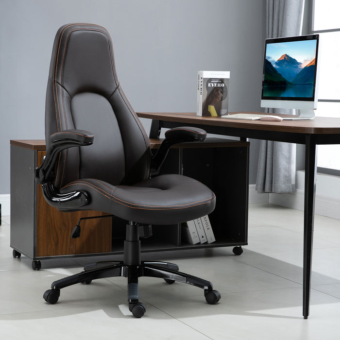 PU Leather Office Chair, Swivel Computer Desk Chair with Adjustable Height, Flip Up Armrests and Tilt Function, Dark Brown