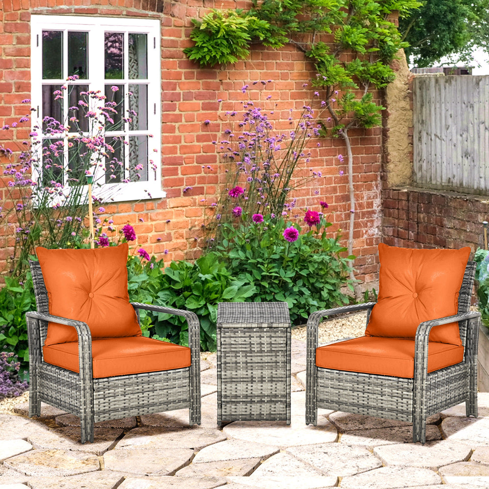 3 pcs PE Rattan Wicker Garden Furniture Patio Bistro Set Weave Conservatory Sofa Storage Table and Chairs Set Orange Cushion Grey Wicker