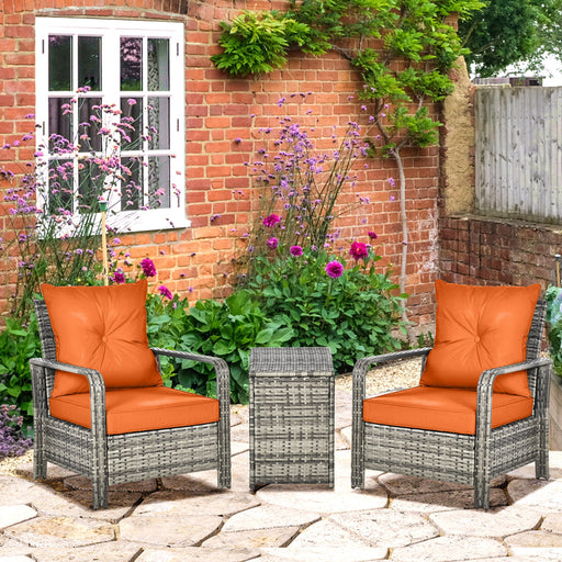 3 pcs PE Rattan Wicker Garden Furniture Patio Bistro Set Weave Conservatory Sofa Storage Table and Chairs Set Orange Cushion Grey Wicker