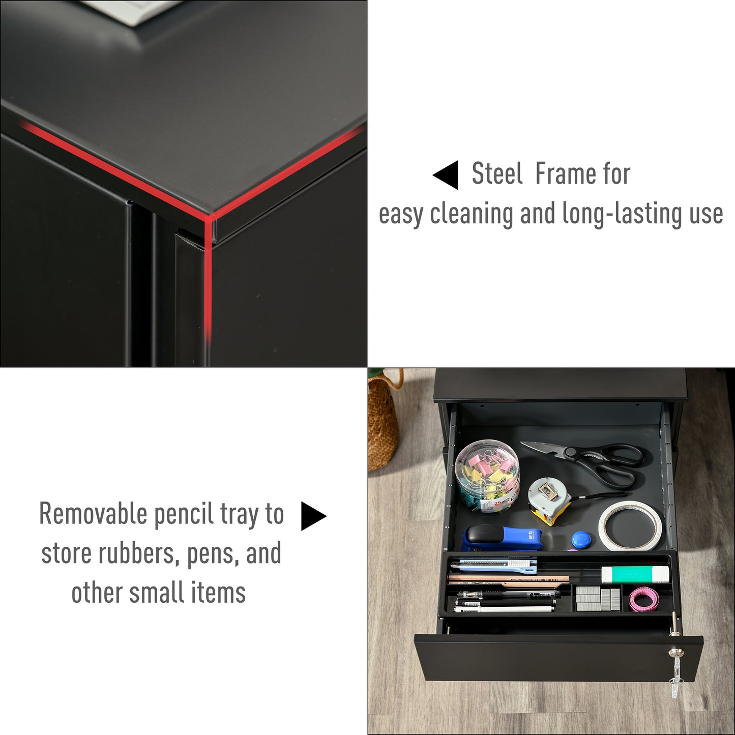 Vertical File Cabinet Steel Lockable with Pencil Tray and Casters Home Filing Furniture for A4, Letters, Legal-sized Files, 39 x 48 x 48.5cm