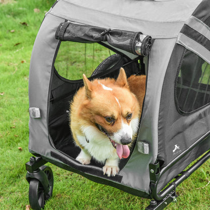 Dog Bike Trailer 2-in-1 Pet Stroller Cart Bicycle Carrier Attachment for Travel in steel frame with Wheels Hitch Coupler Reflectors Flag Grey