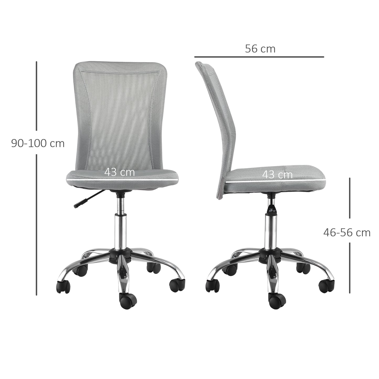 Home Office Mesh Task Chair Ergonomic Armless Mid Back Height Adjustable with Swivel Wheels, Grey
