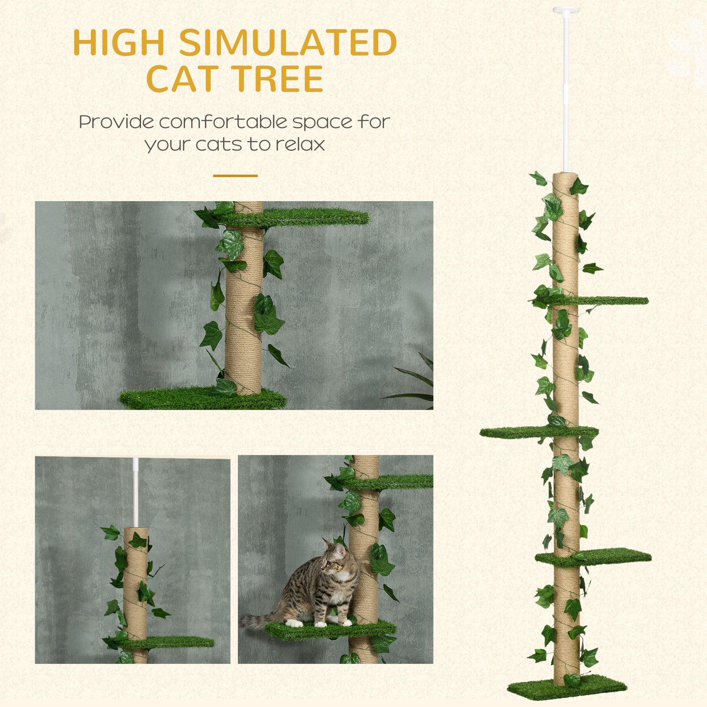 242cm Floor to Ceiling Cat Tree, Height Adjustable Kitten Tower w/ Anti-Slip Kit, Highly Simulated Multi-Layer Activity Centre w/ Perches, Scratching Post - Green