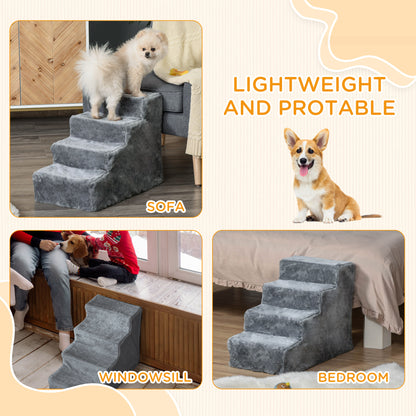 Potable Dog Stairs 4-Steps with Washable Plush Cover, Pet Staris for High Bed Sofa, Dog Steps for Small Dog and Cat, Light Grey