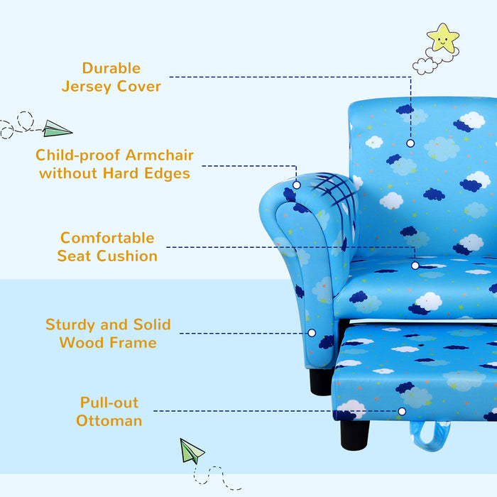 Childrens Sofa Mini Sofa Wood Frame w/ Footrest Anti-Slip Legs High Back Arms Bedroom Playroom Furniture Cute Cloud Star Blue