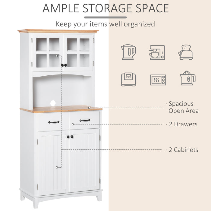 Freestanding Kitchen Cupboard, Kitchen Storage Cabinet with Framed Glass Doors, 2 Drawers, Microwave Counter, White