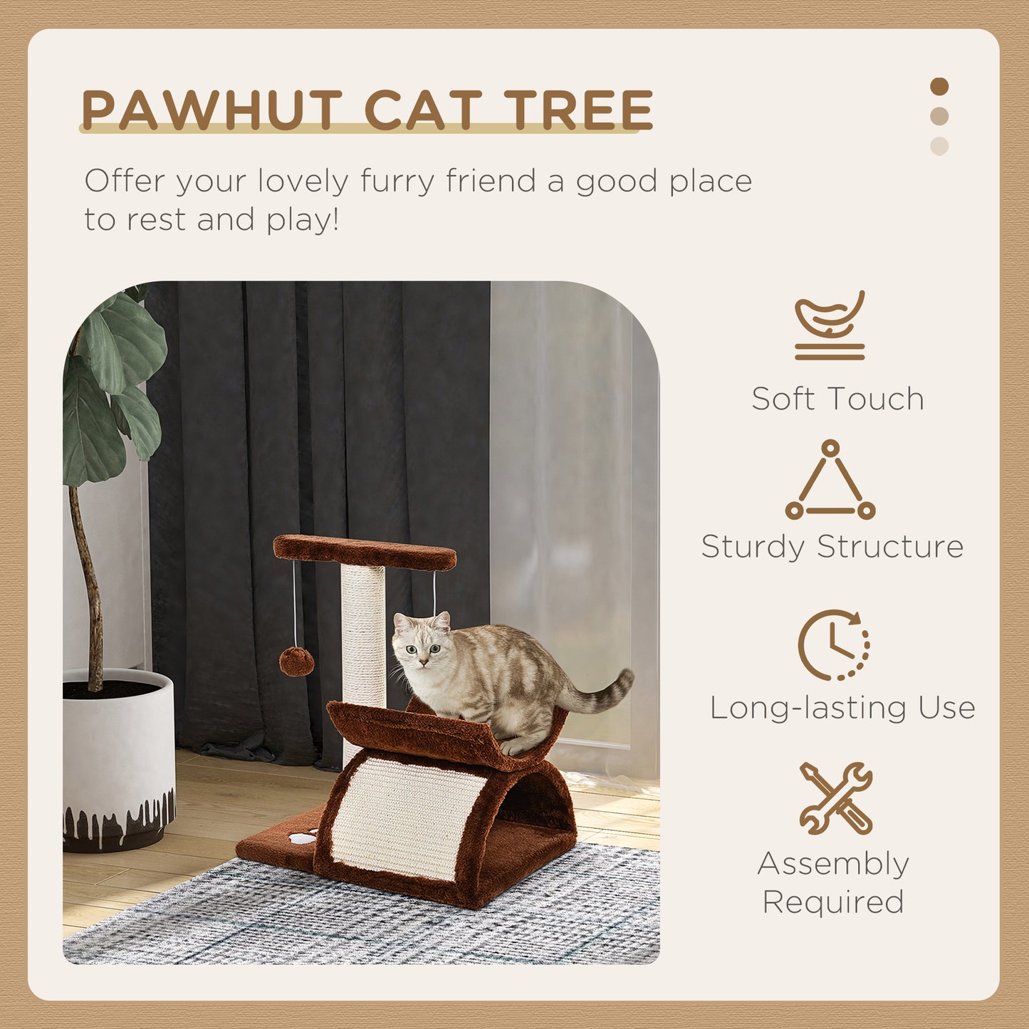 Cat Tree for Indoor Cats Scratching Post Kitten Scratcher Kitty Activity Play Center Sisal Rotatable Top Bar Tunnel Dangling Ball Brown