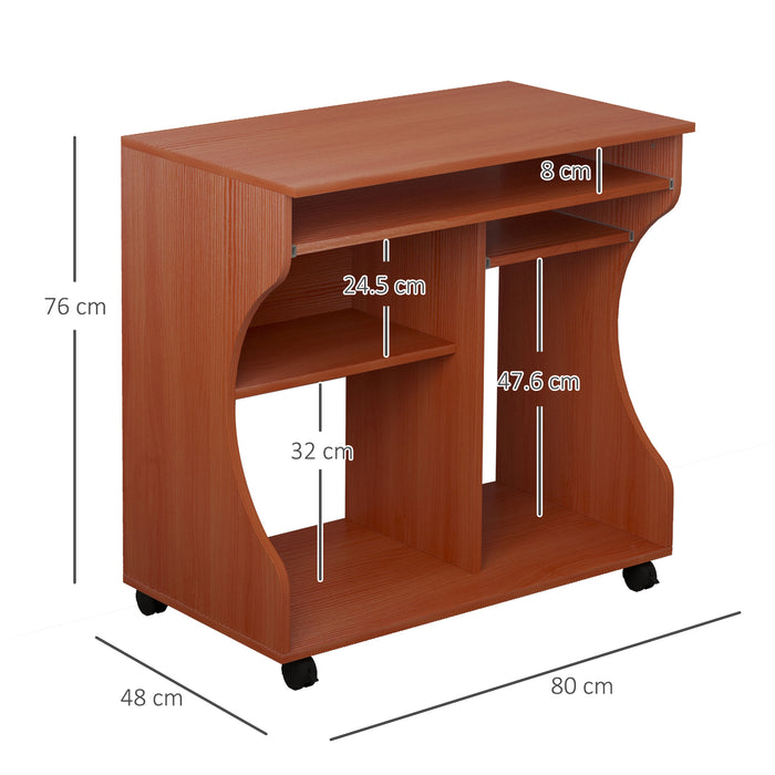 Movable Computer Desk with Sliding Keyboard Tray, PC Laptop Table with Storage Shelves, Workstation on Wheels, 80x48x76cm