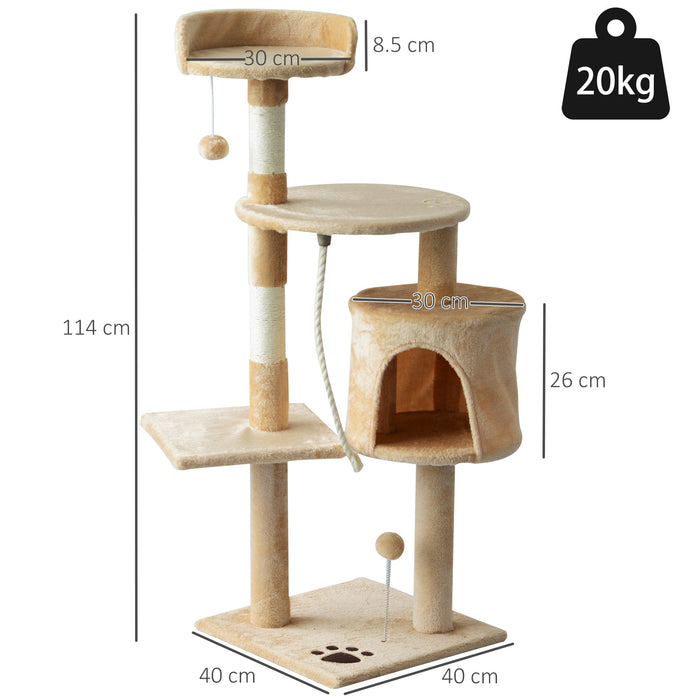 Cat Tree for Indoor Cats Pet Activity Centre Kitty Condo Climbing Scratching Post with Toys 4-tier 114cm Tall Beige