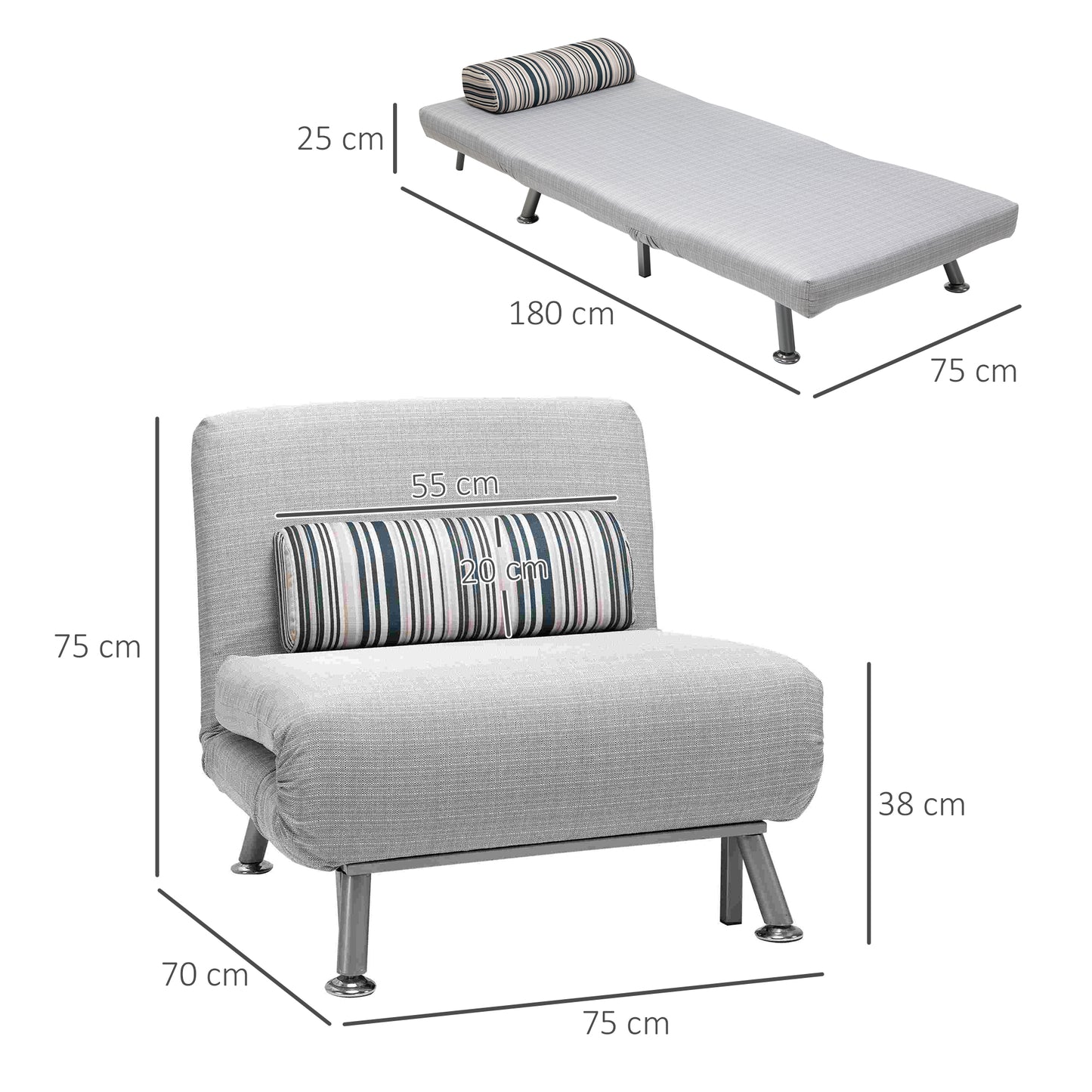 Single Sofa Bed Futon Chair Sleeper, Foldable Portable Lounge Couch, Living Room Furniture Grey