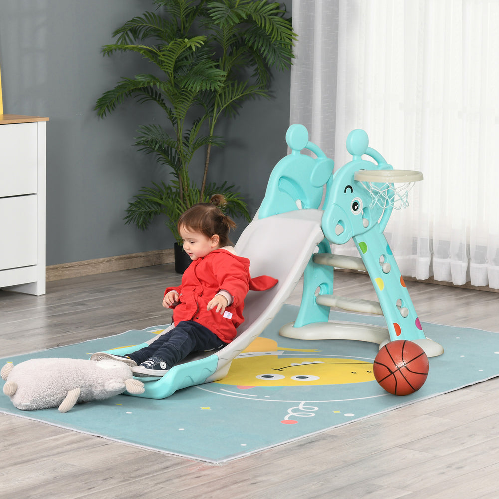 2 in 1 Kids Slide with Basketball Hoop Toddler Freestanding Slider Playset Exercise Toy 18 months -4 Years Old Deer Shaped Blue