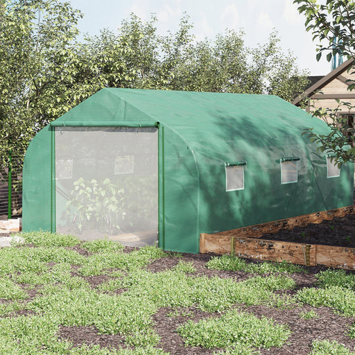 4.47 x 3 x 2m Walk-in Tunnel Greenhouse, Portable Polytunnel Tent, Plant Hot House with PE Cover, Zippered Roll Up Door and 6 Windows, Green