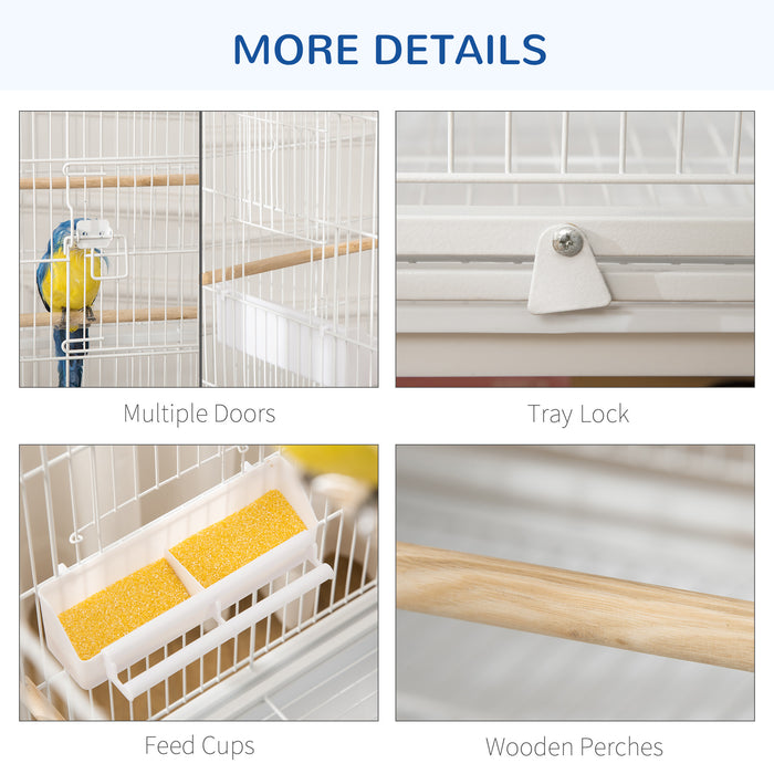 Large Bird Cage Budgie Cage for Finch Canaries Parakeet with Rolling Stand, Slide-out Tray, Storage Shelf, Food Containers, White