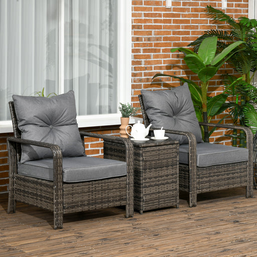 OUT OF STOCK - Outsunny 3 pcs PE Rattan Wicker Garden Furniture Patio Bistro Set Weave Conservatory Sofa Storage Table and Chairs Set Grey Cushion & Wicker