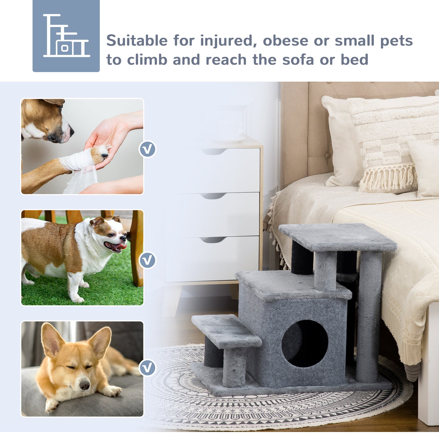 Dog Steps for Bed 4 Step Pet Stairs Cat House with Detachable Cover, Cat ladder for Sofa w/ Hanging Balls - Grey