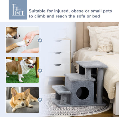 Dog Steps for Bed 4 Step Pet Stairs Cat House with Detachable Cover, Cat ladder for Sofa w/ Hanging Balls - Grey