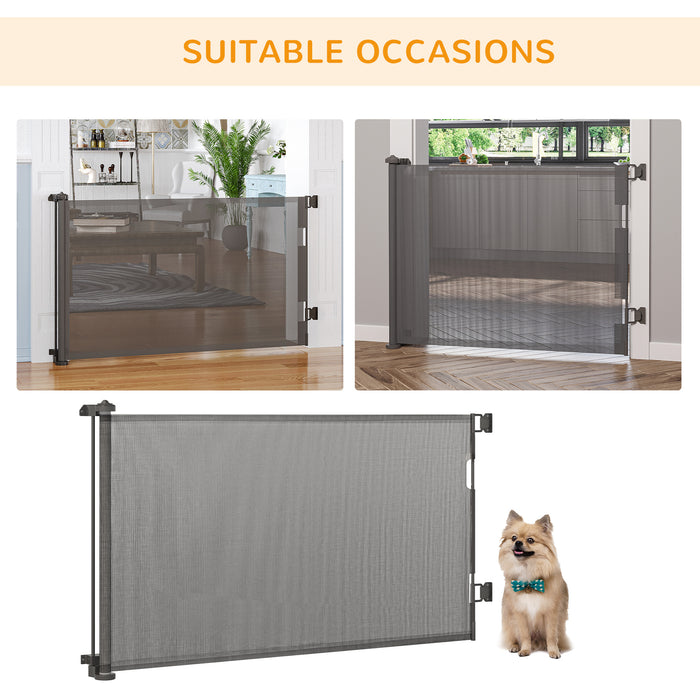 Retractable Stair Gate for Dogs 150cm Extendable, 85cm Tall, Extra Wide Foldable Mesh Pet Safety Gate w/ Single Hand Operation, for Stairs, Doorways, Hallways - Grey