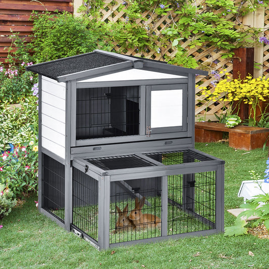 2 Tier Wooden Rabbit Hutch Guinea Pig Hutch Small Animal Cage Slide Out Tray Ramp Outdoor Run Openable Roof Grey 101.5 x 90 x 100 cm