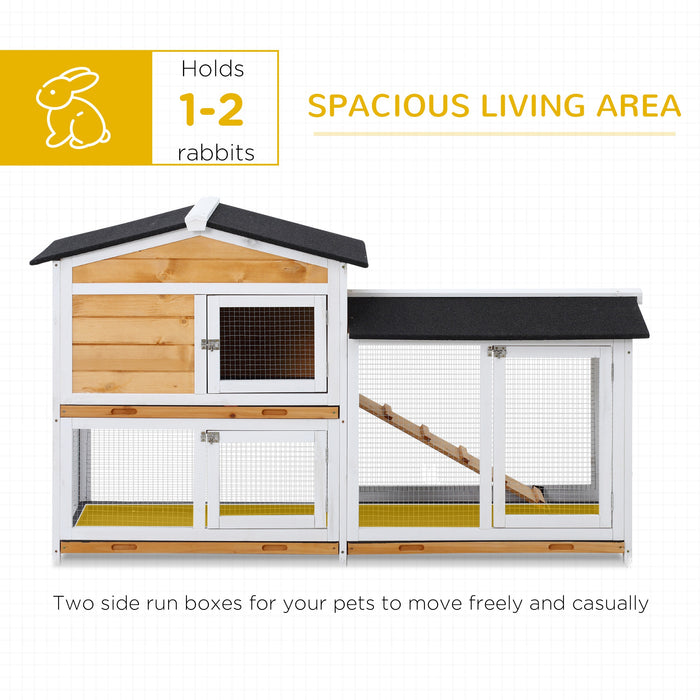 2-Tier Rabbit Hutch Wooden Guinea Pig House Pet Cage Outdoor w/ Sliding-out Tray Ramp, 157.4x53x93.5cm, Yellow