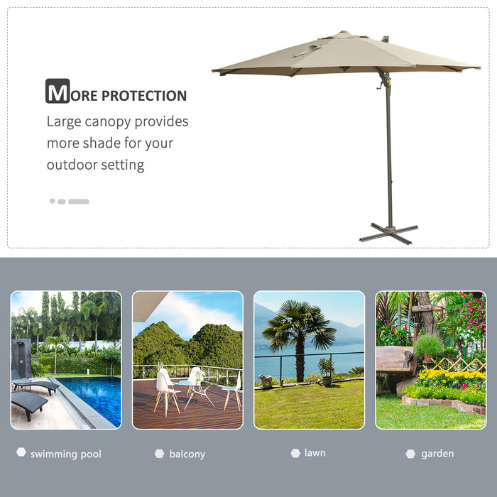 3M Cantilever Patio Parasol Roma Umbrella Hanging Sun Shade Canopy Cover Tilt Crank 360 Degree Rotating System Khaki