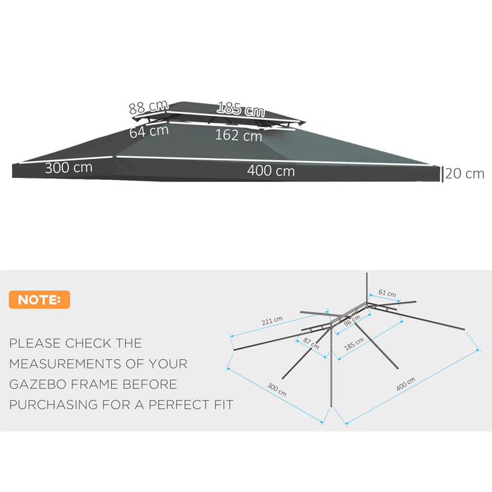 3x4m Gazebo Replacement Roof Canopy 2 Tier Top UV Cover Garden Patio Outdoor Sun Awning Shelters Deep Grey (TOP ONLY)