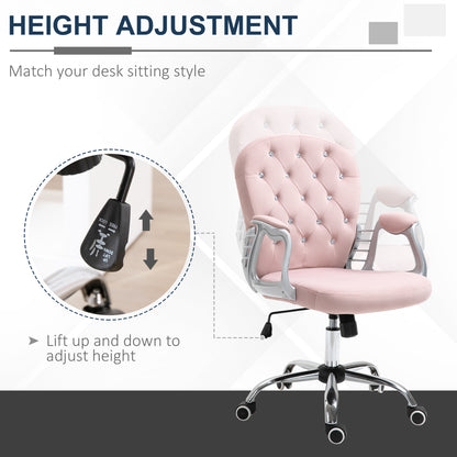 Vinsetto Office Chair Ergonomic 360¬¨‚àû Swivel Diamond Tufted Home Work Velour Padded Base 5 Castor Wheels Pink