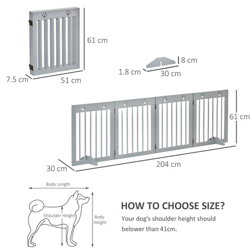 Freestanding Pet Gate 4 Panel Wooden Dog Barrier Folding Safety Fence with Support Feet up to 204cm Long 61cm Tall for Doorway Stairs Grey