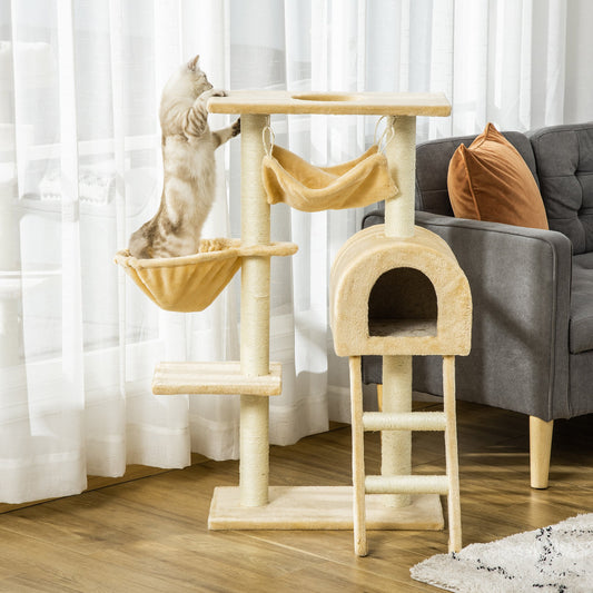 Cat Tree Tower for Indoor Cats Kitten Activity Centre Scratching Post w/ Hammock House Basket Ladder - Beige