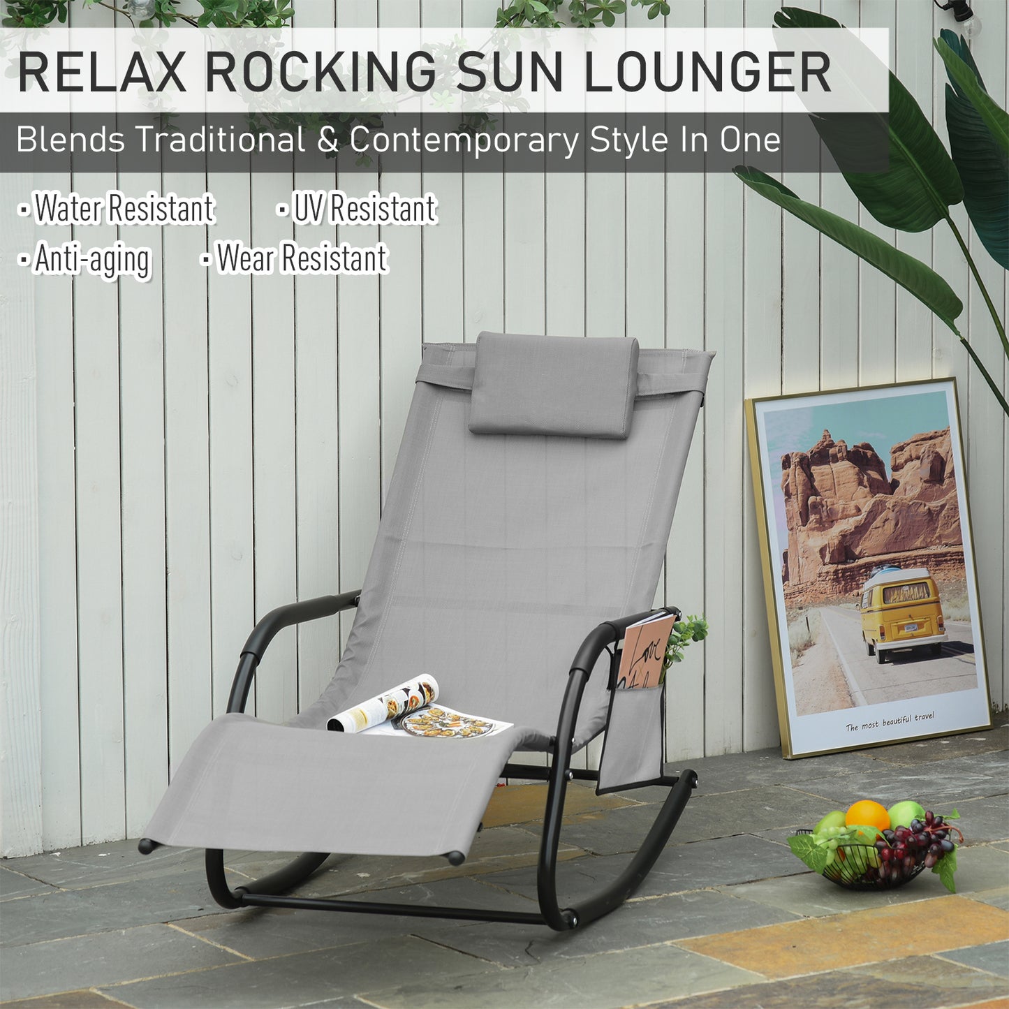 Breathable Mesh Rocking Chair Patio Rocker Lounge for Indoor & Outdoor Recliner Seat w/ Removable Headrest for Garden and Patio Grey