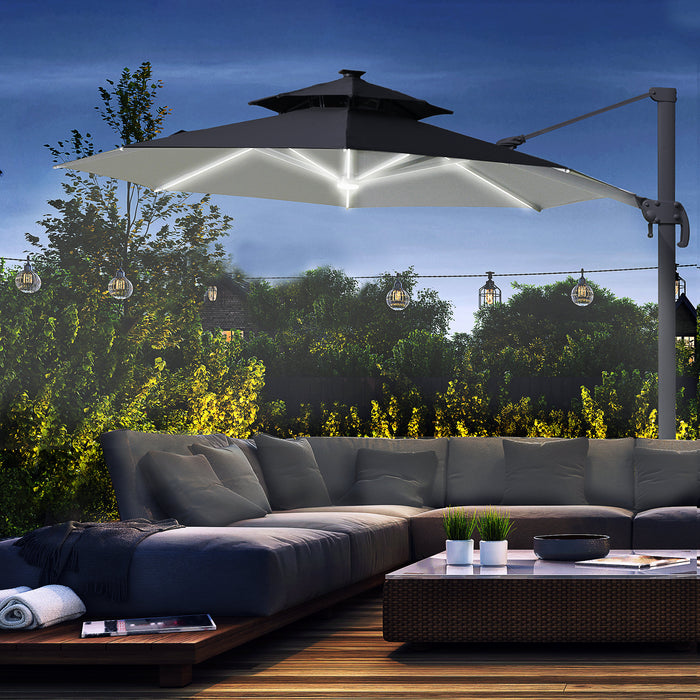 3m Cantilever Parasol w/ Solar Lights Power Bank Cross Base Adjustable Canopy 360° Spin Outdoor Garden Umbrella 2-Tier Roof Sun Shade Grey