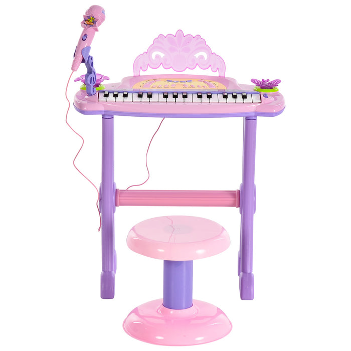 Mini Electronic Organ Piano W/Microphone and Stool-Purple/Pink