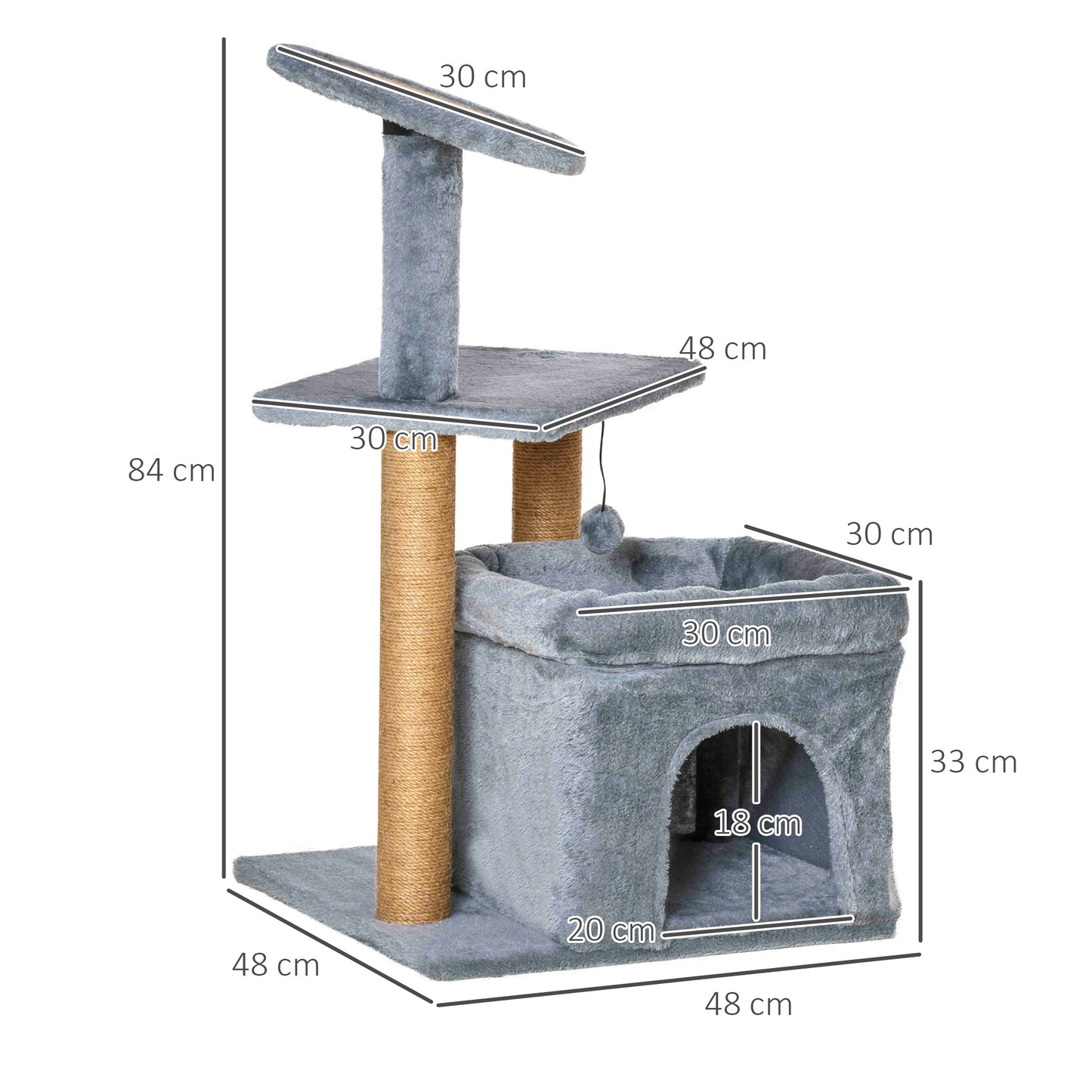 Cat Tree Tower for Indoor Cats Kitten Activity Center with Scratching Posts Pad Condo Perch Bed Interactive Ball Toy 48 x 48 x 84cm, Grey