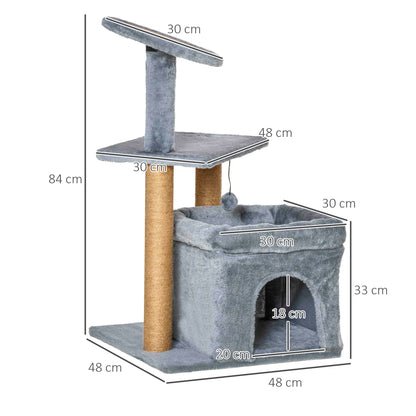 Cat Tree Tower for Indoor Cats Kitten Activity Center with Scratching Posts Pad Condo Perch Bed Interactive Ball Toy 48 x 48 x 84cm, Grey