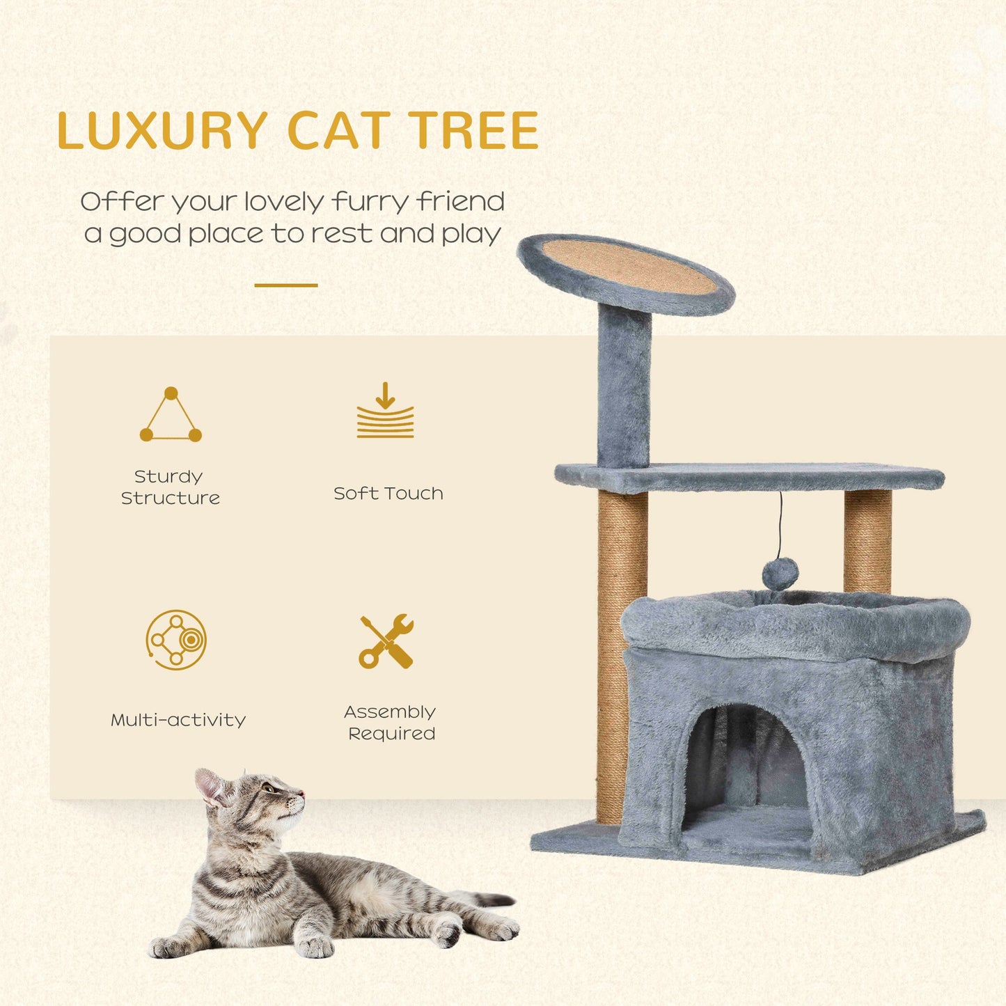 Cat Tree Tower for Indoor Cats Kitten Activity Center with Scratching Posts Pad Condo Perch Bed Interactive Ball Toy 48 x 48 x 84cm, Grey