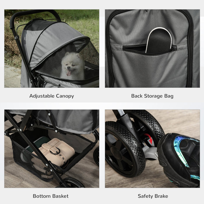 Pet Stroller Dog Cat Travel Pushchair Foldable Jogger with Reversible Handle EVA Wheel Brake Basket Adjustable Canopy Safety Leash for Small Dogs, Grey