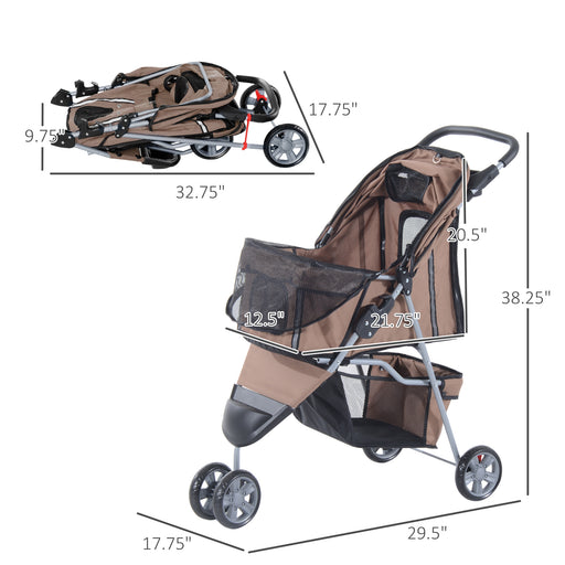 Pet Travel Stroller Cat Dog Pushchair Trolley Puppy Jogger Carrier Three Wheels for Small Miniature Dogs(Coffee)