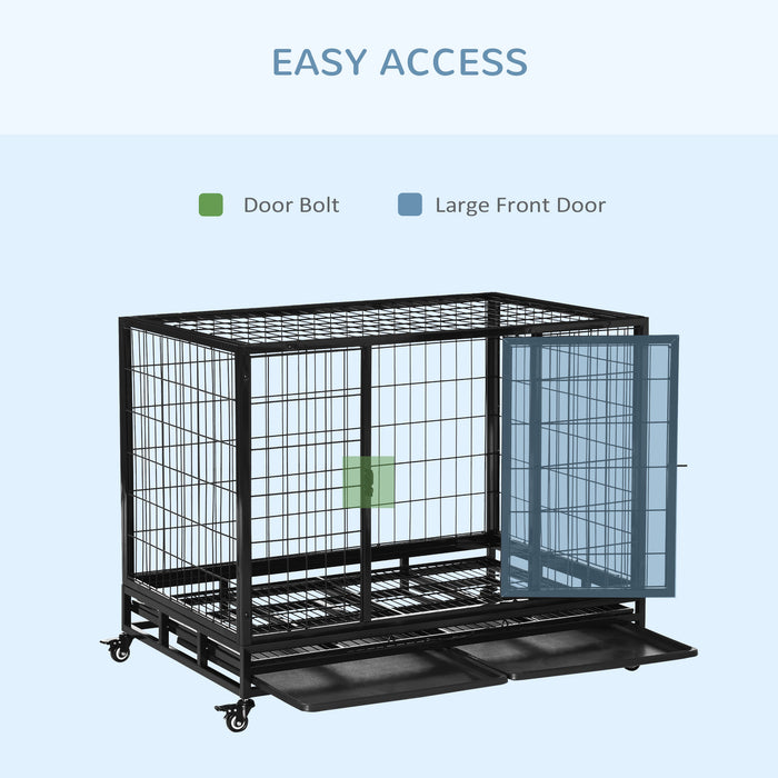 43" Heavy Duty Metal Dog Crate Pet Cage with Tray Wheeled Dog Kennel - Black (Large)