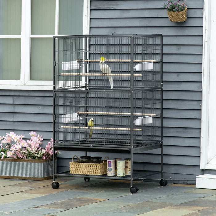 PawHut Large Bird Cage Budgie Cage for Finch Canaries Parakeet with Rolling Stand Slide out Tray Storage Shelf Food Containers Dark Grey QuidsIn Superstore