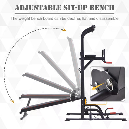 Multifunction Power Tower Home Workout Dip Station w/ Sit-up Bench Push-up Bars and Tension Ropes Fitness Equipment Gym Training